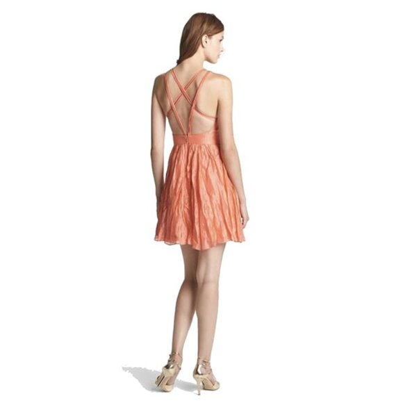 Y2K Vintage Style Silk Metallic Pink Coral Crinkle Halter Babydoll Mini Dress sz - Picture 3 of 12